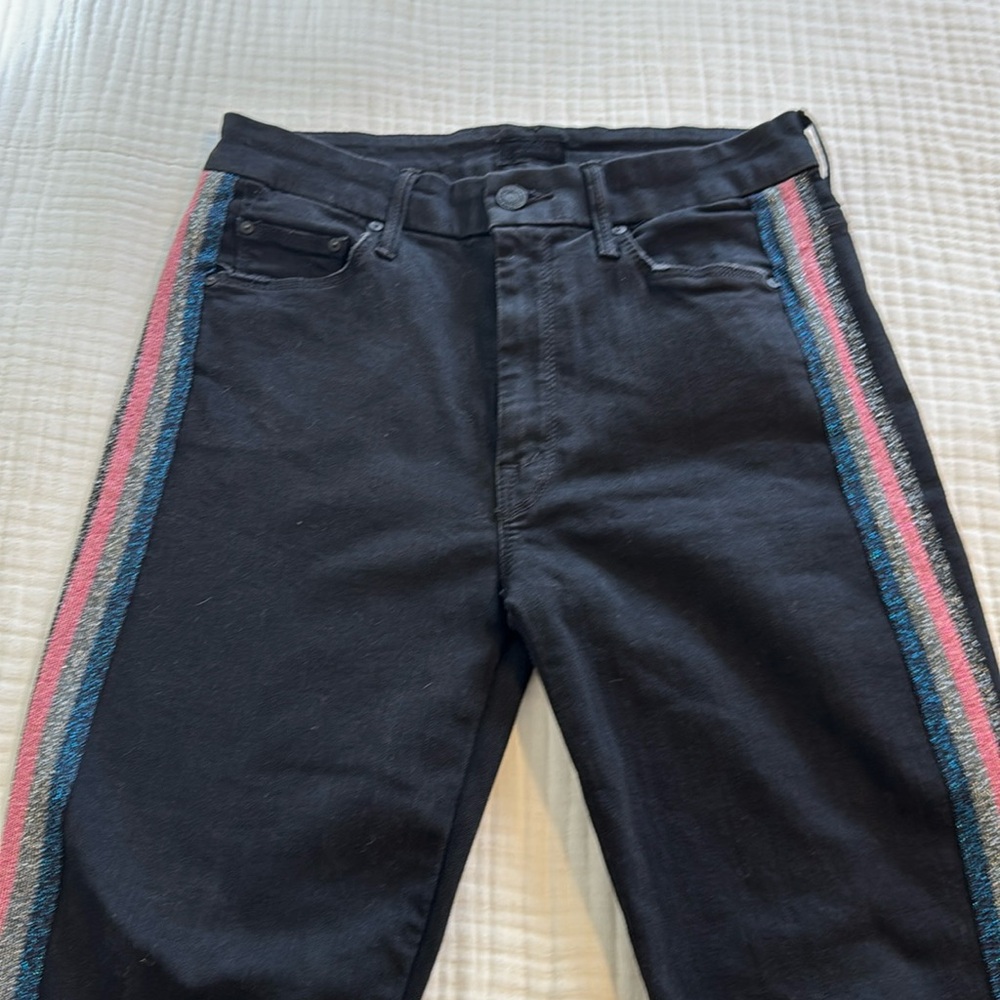 Mother Jeans High Waisted Looker Ankle Fray Guilty Glitter Racer in Black 27